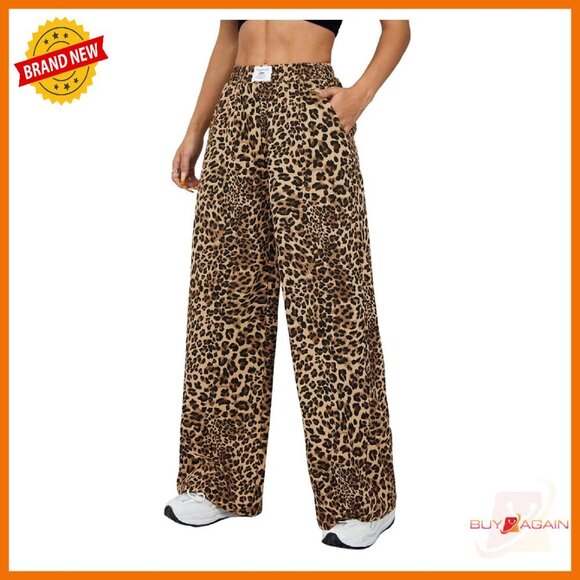 Pants - Women's High Waist Wide Leg Pants Elastic Waist Letter Patched Trousers